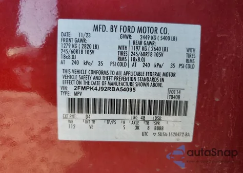 2024 Ford Edge Sel из США, поврежденный, VIN 2FMPK4J92RBA54095